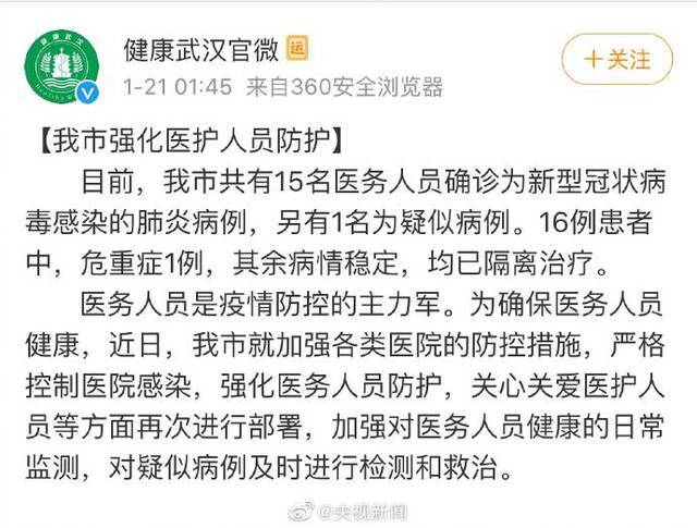 武汉15名医务人员确诊为新型冠状病毒肺炎病例