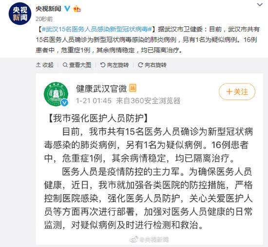 武汉15名医务人员确诊为新型冠状病毒肺炎病例