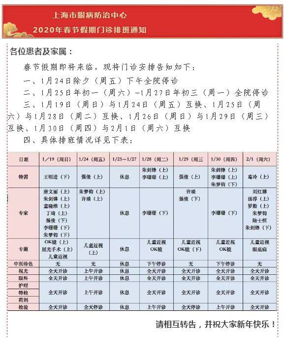 上海三级医院“春节”假期门急诊安排一览