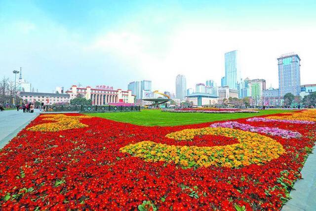 鲜花灯笼剪纸 蓉城街头年味浓