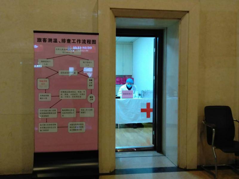 汉口站一楼大厅东边的体温检查站点已经严阵以待。新京报记者海阳摄