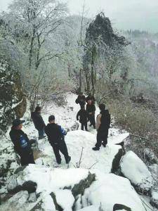 搜救人员在山上搜寻。