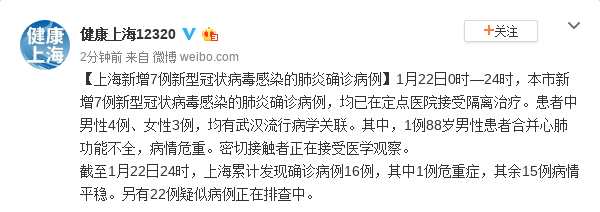 上海新增7例新型冠状病毒感染的肺炎确诊病例