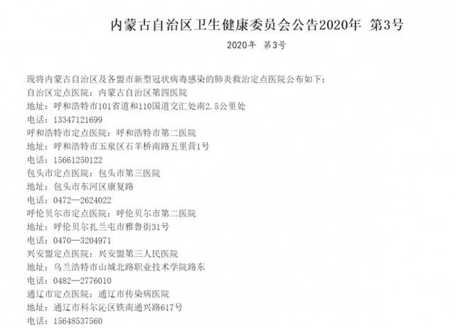 内蒙古公布13家新型冠状病毒感染肺炎救治定点医院