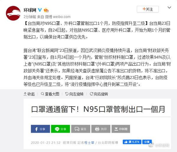 台湾当局对N95口罩和外科口罩管制出口1个月