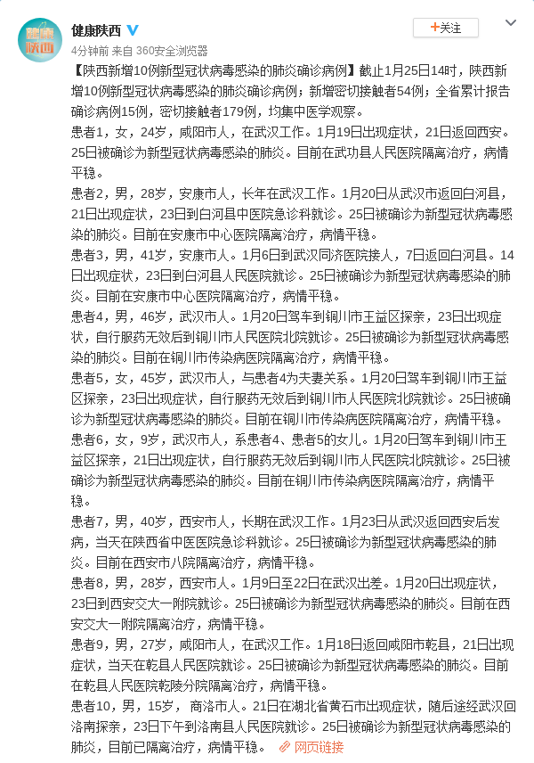 陕西新增10例新型冠状病毒感染的肺炎确诊病例