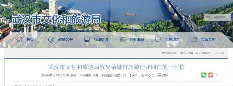 武汉市文化和旅游局官网截图