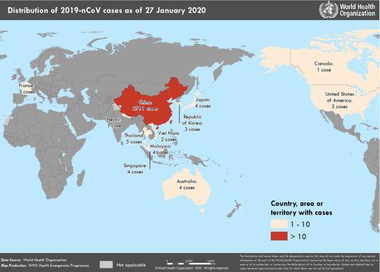 截至1月27日，全球新型肺炎疫情地图。/世卫组织报告