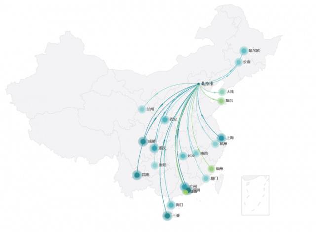 ▲1月28日飞往北京航班次数最多的20个城市（制图：关育恩）