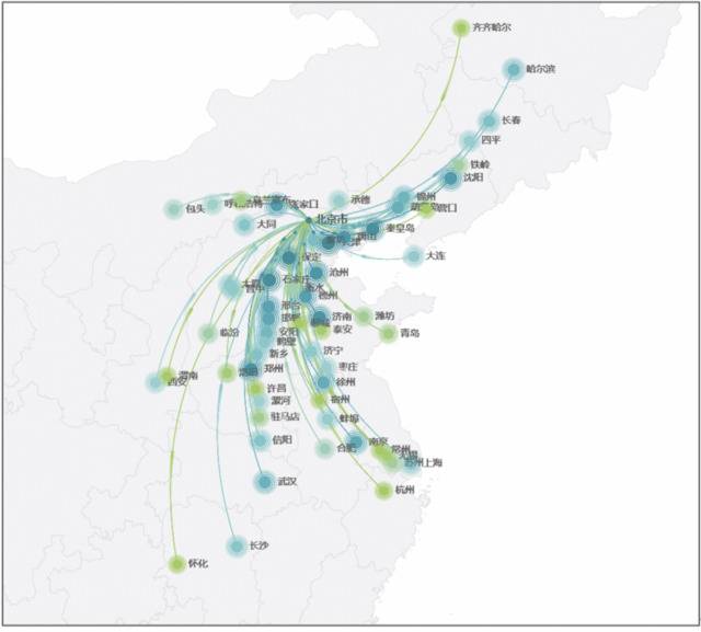 ▲开往北京火车车次较多的城市（火车车次数量包含近日已停运车次）（制图：关育恩）