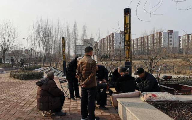  1月25日，大年初一下午，县城内某小区附近空地上，八九位老人正在打扑克，均没有佩戴口罩。新京报记者韩茹雪摄