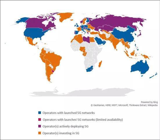 截至2019年年底，全球各国5G部署情况。（来源：全球移动设备供应商协会）