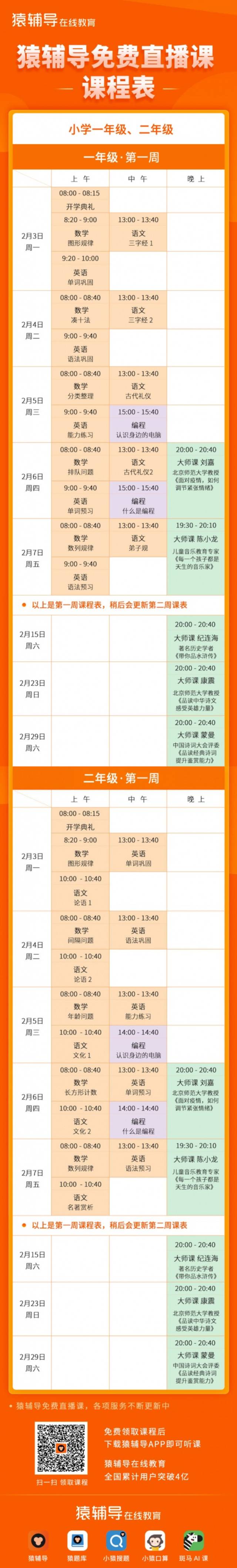 猿辅导免费直播课2月3日开课 纪连海、蒙曼等名家亲授