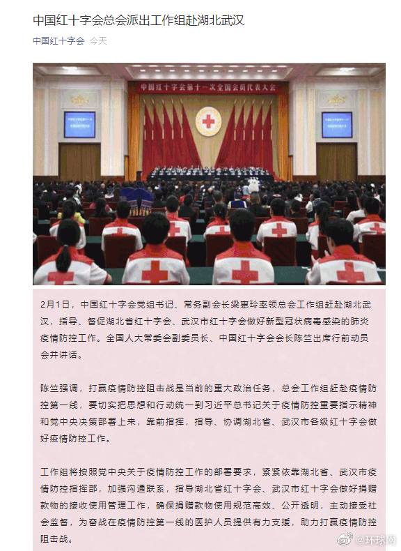 中国红十字会总会派出工作组赴湖北武汉