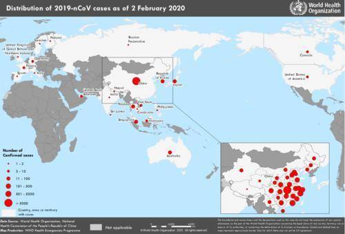 WHO 2月2日疫情报告中关于全球范围内2019-nCoV急性呼吸疾病确诊病例分布图。（数据统计截止至北京时间2月2日17时）