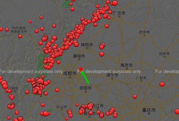 （1900年1月1日-2020年2月3日，成都附近地震分布图，绿色箭头所指为本次震中，可以发现为最接近成都主城区的地震）