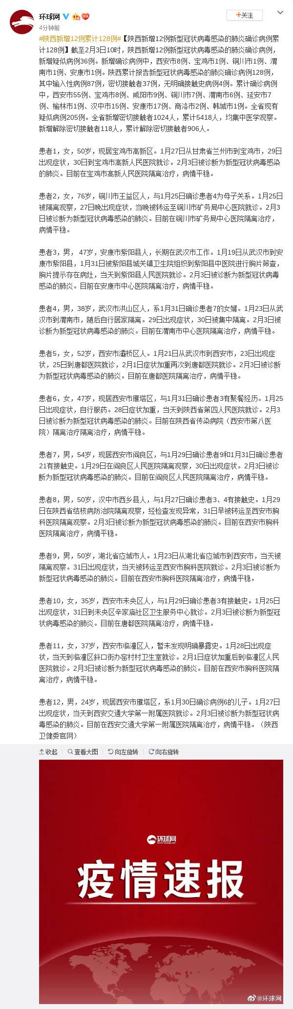 陕西新增12例新冠病毒肺炎确诊病例 累计128例