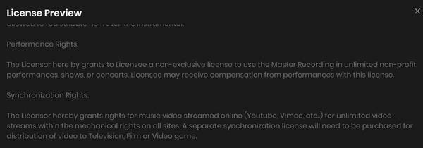 但下拉License Preview页面，会发现具体许可文本的Performance Rights（表演权益）部分，写的却是“unlimited non-profit performance”（无限制次数的非盈利演出），这成为了一个疑点。
