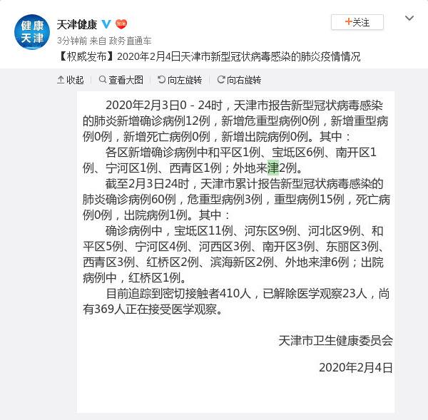 天津新增新型冠状病毒肺炎确诊病例12例 累计60例