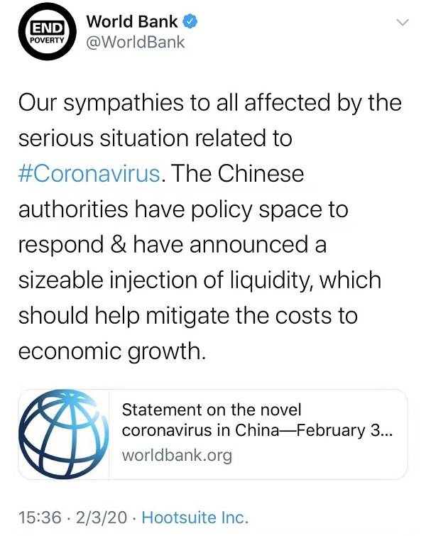 世界银行：中国当局有政策空间应对疫情