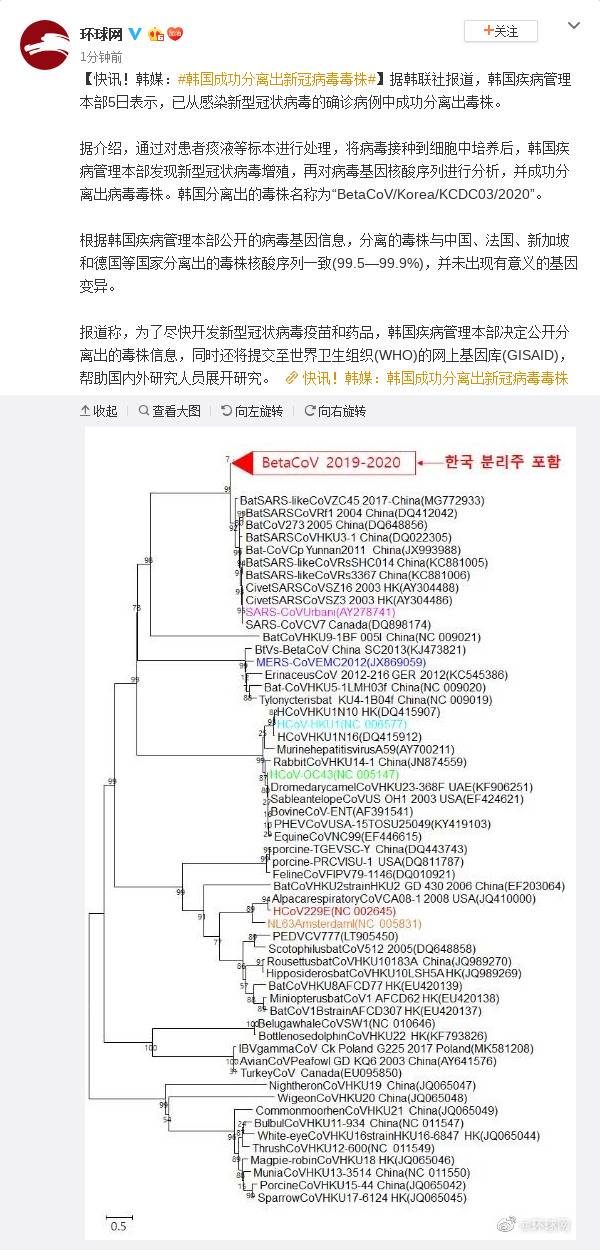 韩媒：韩国成功分离出新冠病毒毒株