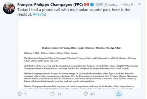 加拿大外交部长商鹏飞的推特截图
