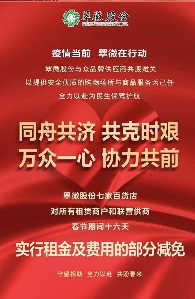 翠微股份：减免旗下7家百货商场商户16天租金