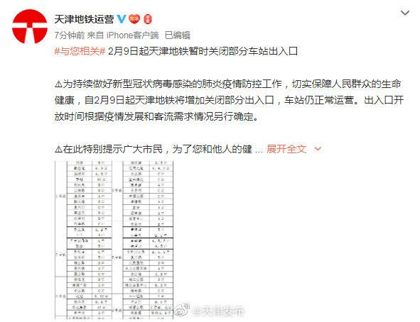 2月9日起天津地铁暂时关闭部分车站出入口