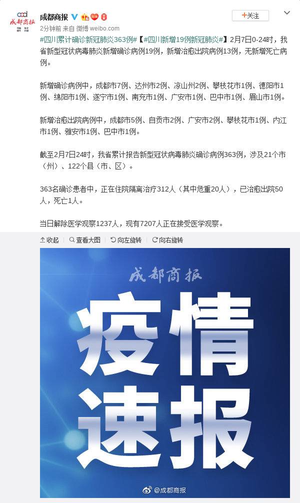 四川新增19例新冠肺炎 累计确诊新冠肺炎363例