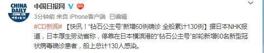 “钻石公主号”新增60例确诊患者 全船累计130例