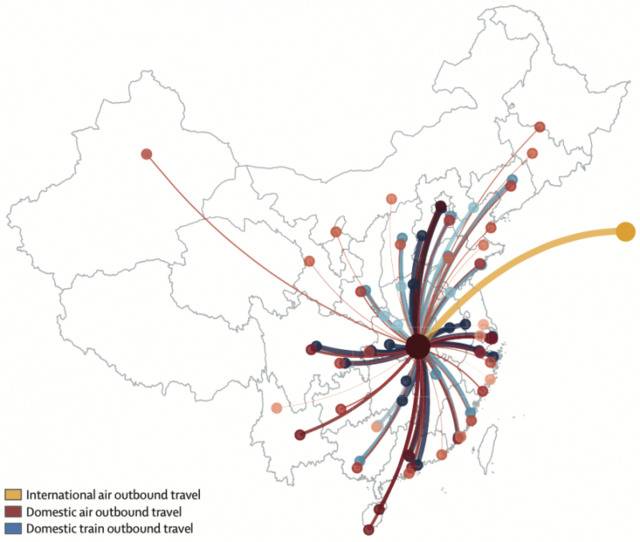 ▲图2：2019年春运期间从武汉出发的主要航空和火车出行路线