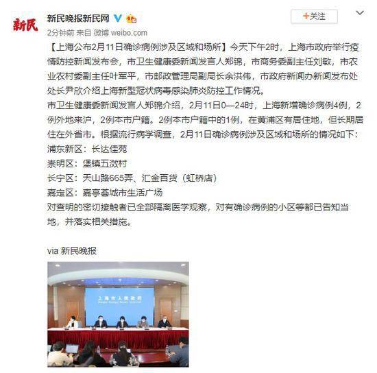 上海公布2月11日确诊病例涉及区域和场所