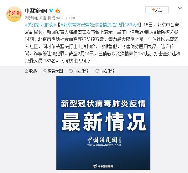 北京已查处涉疫情违法犯罪183人