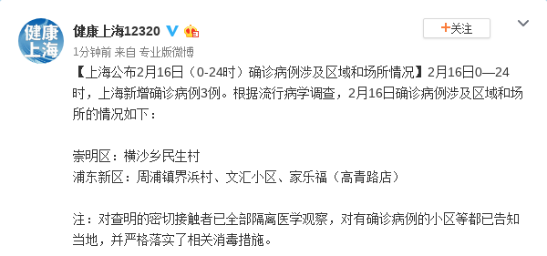 上海公布2月16日确诊病例涉及区域和场所情况