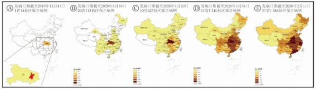 报告还原了新冠肺炎确诊病例在5个不同时段全国地理分布变化情况。图/中华流行病学杂志