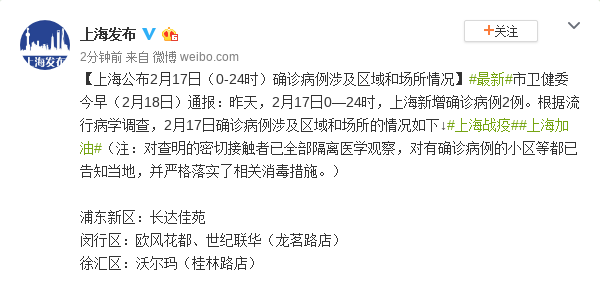 上海公布2月17日确诊病例涉及区域和场所情况
