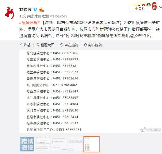 最新！哈尔滨公布新增2例确诊患者活动轨迹