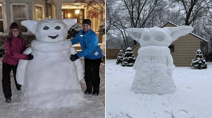 美加遭受暴风雪吹袭《星球大战》迷在雪地堆砌出尤达宝宝雪人“Snowda”