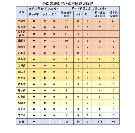 云南19日12时至24时无新增确诊病例 累计172例