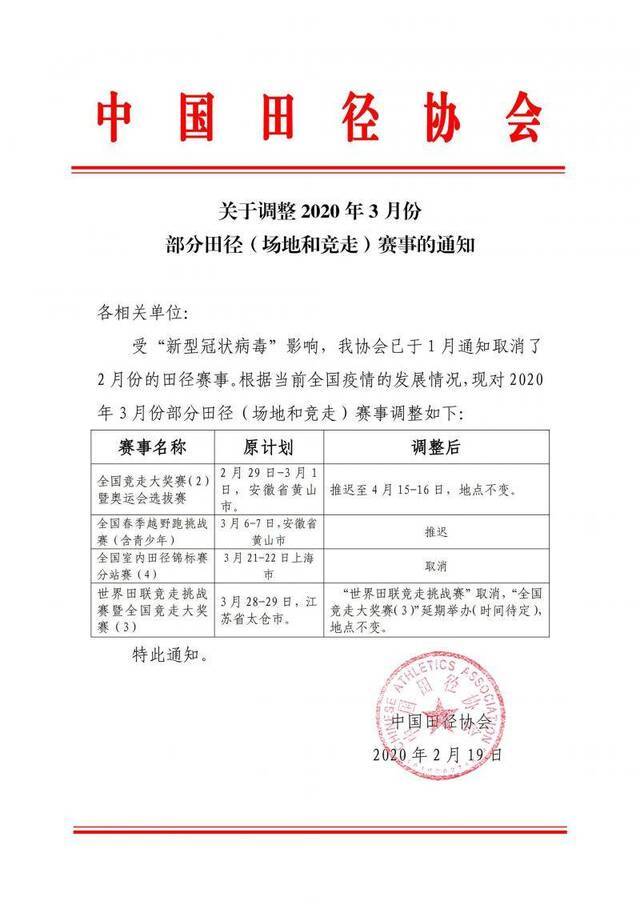 中国田协：竞走奥运会选拔赛推迟至4月15日举办