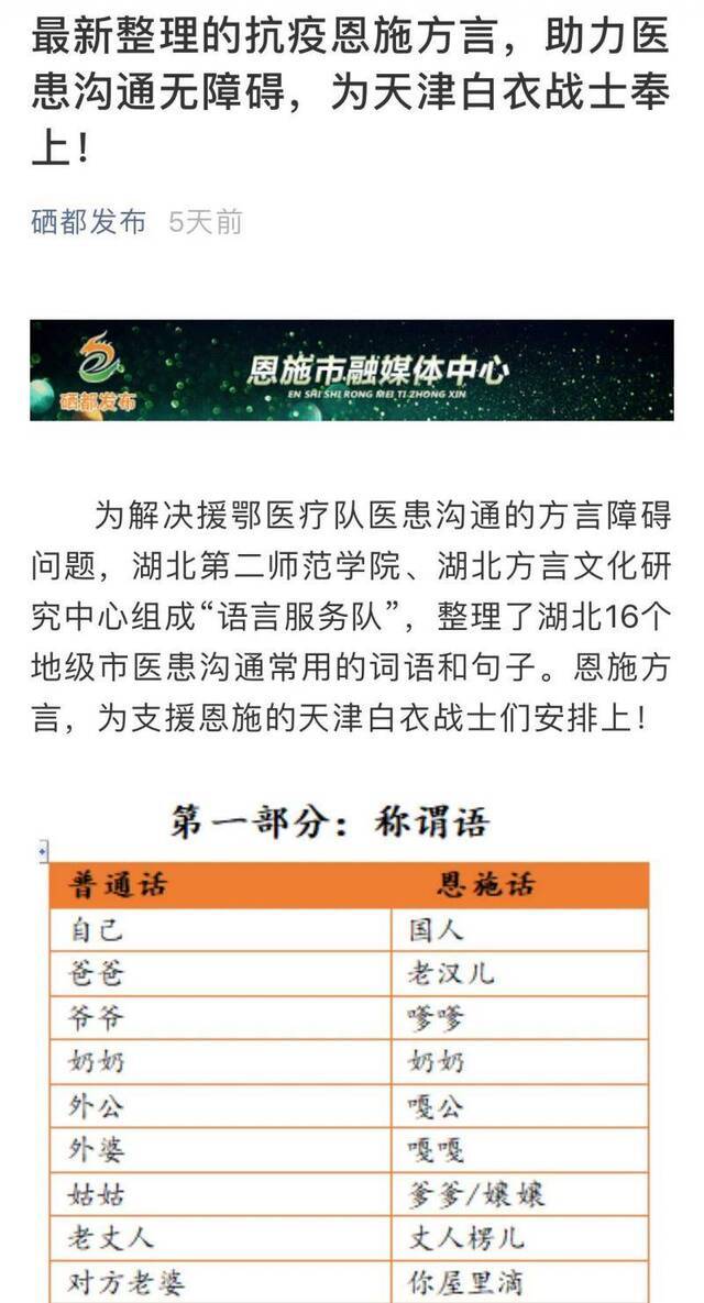 湖北高校为援鄂医护编方言对照表：太劳烦您儿哒是感谢