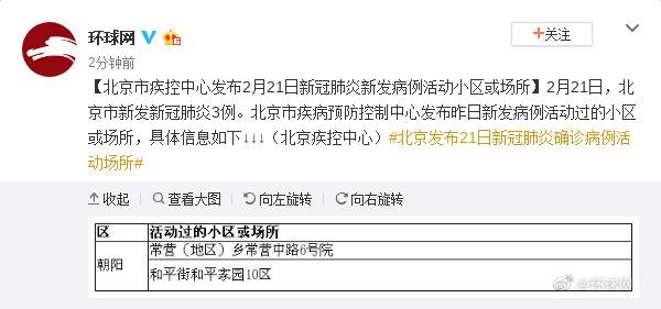北京市疾控中心发布2月21日新冠肺炎新发病例活动小区或场所