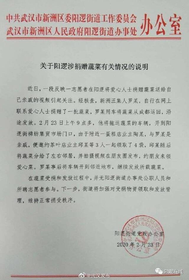 关于阳逻涉捐赠蔬菜有关情况的说明