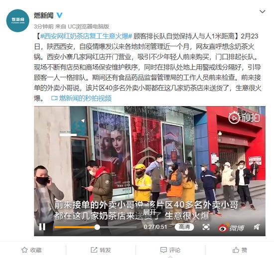 西安网红奶茶店复工生意火爆 顾客排长队自觉保持人与人1米距离