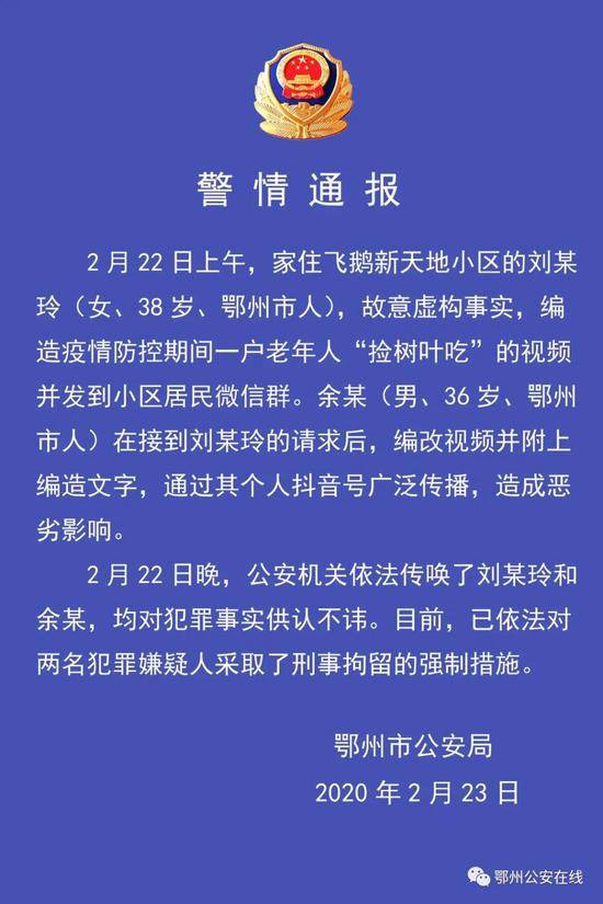 鄂州警方辟谣“老人捡树叶吃”：两人虚构事实编改视频被刑拘