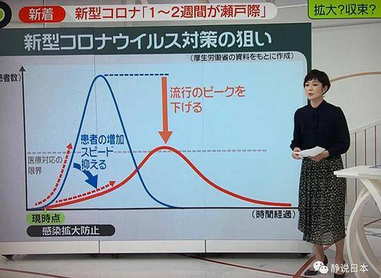 这一张图有两条曲线，蓝色曲线，是新冠病毒感染者的爆发性增加的曲线；红色曲线，是新冠病毒感染者平稳增长的曲线。