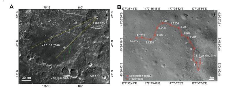 ▲（a）嫦娥四号着陆区影像图（b）玉兔二号月球车第一和第二月昼行进路线图
