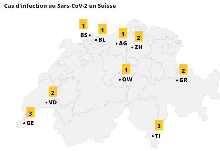 △瑞士确诊病例分布图（图片来源：瑞士国家电视台官网）