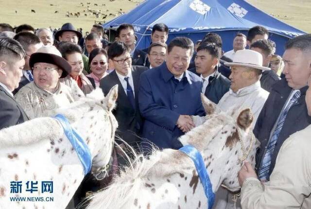 2014年8月22日，国家主席习近平在蒙古国总统额勒贝格道尔吉陪同下前往乌兰巴托市郊观看那达慕。额勒贝格道尔吉向习近平夫妇赠送两匹蒙古马。习近平主席为两匹马分别取名阿尔泰和克鲁伦，寓意中蒙两国山水相连、睦邻友好。新华社记者鞠鹏摄