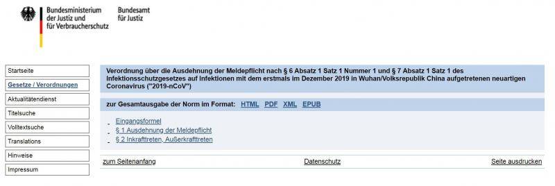 德国联邦政府将新冠肺炎纳入防疫法报告义务的规定德国联邦司法部网站截图